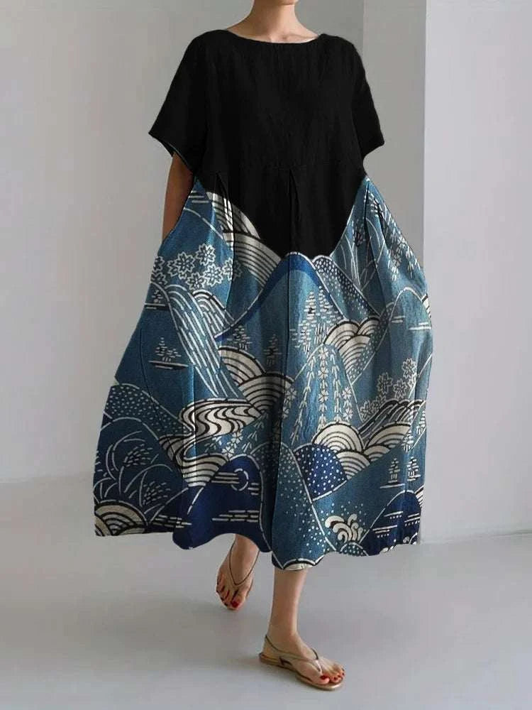 マウンテン・ドリーム - 日本の山景色プリントリネンマキシドレス